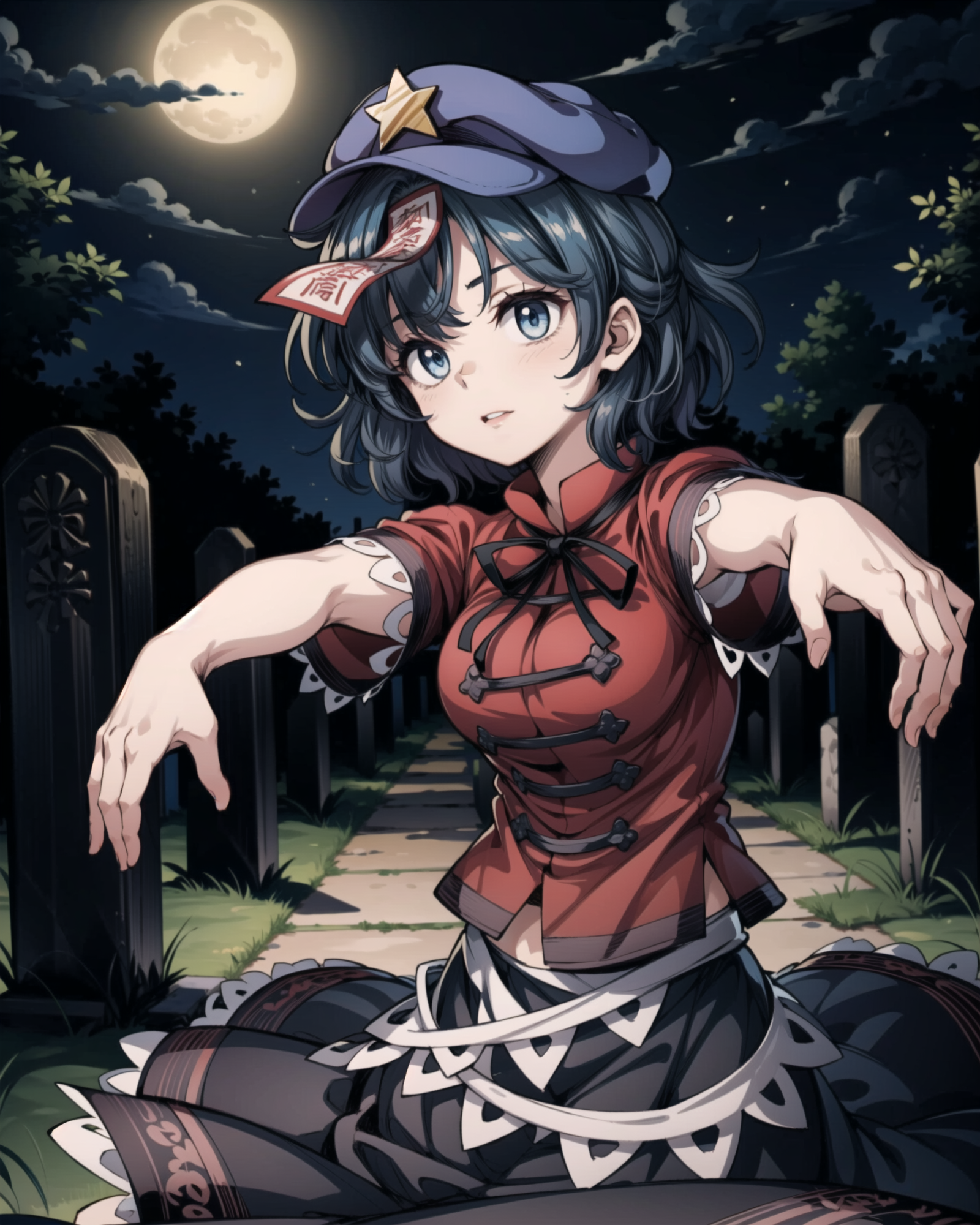 00008-4258374131-,1girl,miyako yoshika, hat,star hat ornament,ofuda,blue hair,short hair,blue eyes,tangzhuang,red shirt,short sleeves, skirt,pale.png